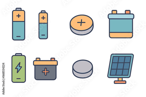 Colorful Battery Collection. Flat vector mini-illustrations battery types in colors children's illustrations: AA battery, AAA
