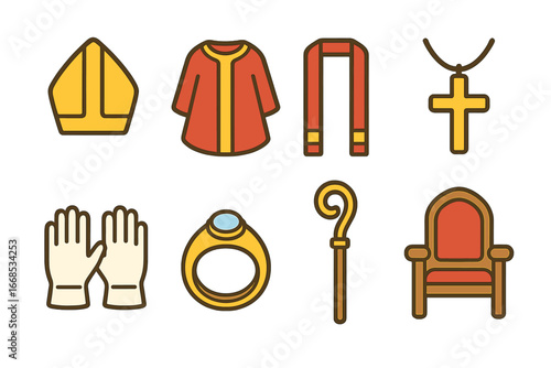 Colorful Bishop Vestments. Flat vector mini-illustrations Bishop vestments in colors children's illustrations: mitre hat, chasuble