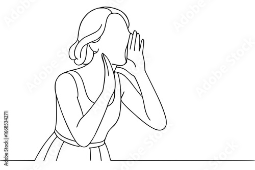 Minimalist line art woman shouting or whispering with hands cupped
