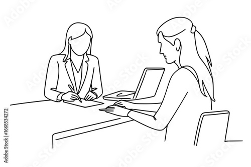 Business meeting with two women writing and using laptop line art

