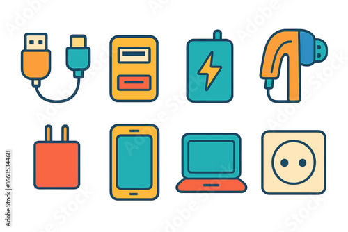 Colorful Charging Icons. Flat vector mini-illustrations charging ports in colors children's illustrations: charging cable, USB