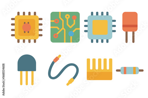 Colorful Circuit Components. Flat vector mini-illustrations computer circuits in colors children's illustrations: microchip,