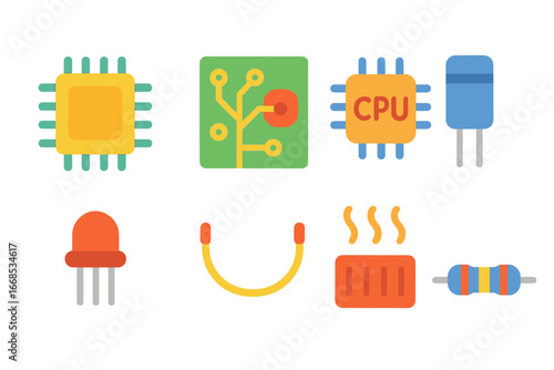 Colorful Circuit Components. Flat vector mini-illustrations computer circuits in colors children's illustrations: microchip,