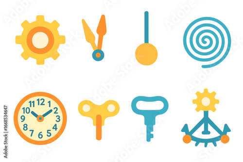 Colorful Clock Illustrations. Flat vector mini-illustrations complex timepieces in colors children's illustrations: clock gears,