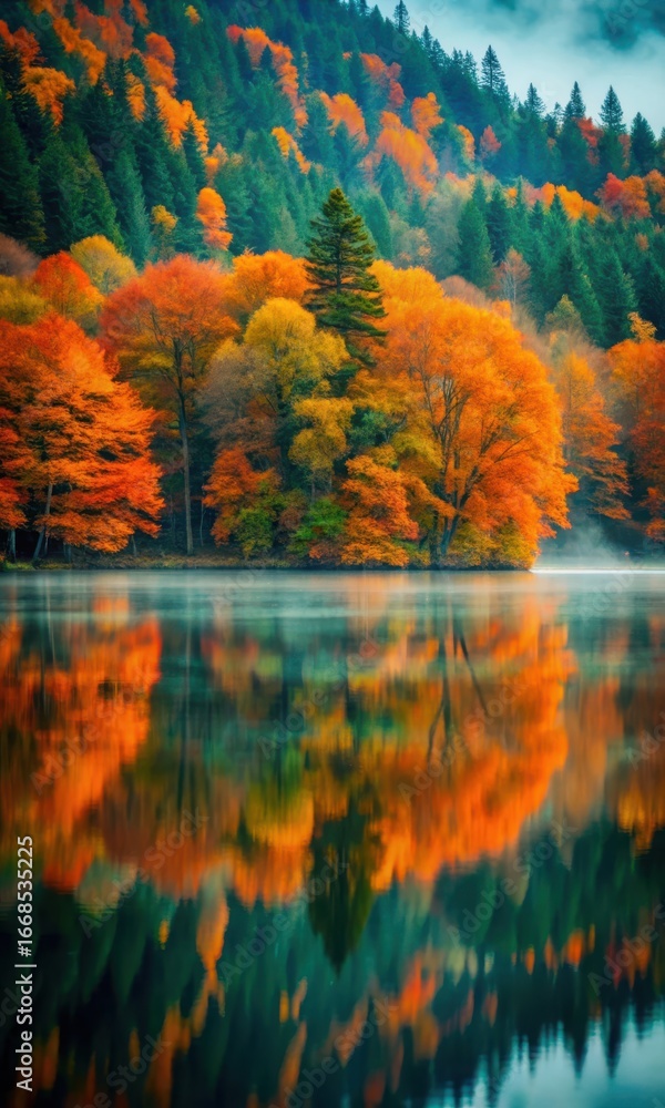 Obraz premium Photo of vibrant autumn forest with colorful orange and red leaves reflected in a calm lake, showcasing the beauty of fall foliage and nature