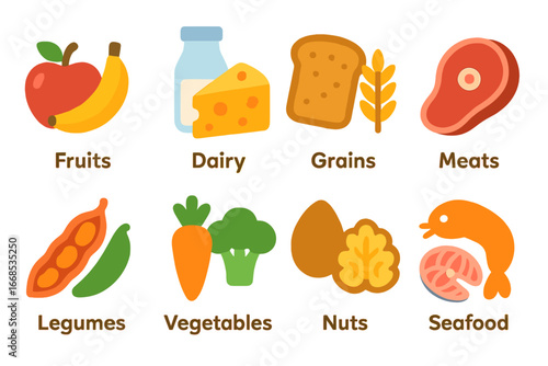 Colorful Food Icons. Flat vector mini-illustrations taste in food groups in colors children's illustrations: fruits, dairy, grains