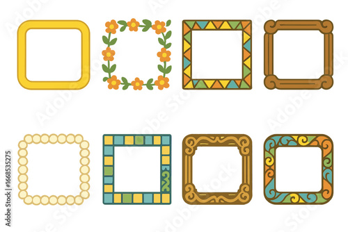 Colorful Icon Frames. Flat vector mini-illustrations icon frames and decorations in colors children's illustrations: golden frame,