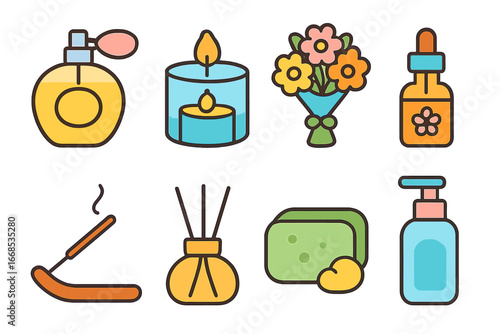 Colorful Fragrance Icons. Flat vector mini-illustrations fragrance refinement in colors children's illustrations: perfume bottle,