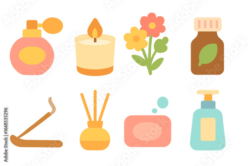 Colorful Fragrance Icons. Flat vector mini-illustrations fragrance refinement in colors children's illustrations: perfume bottle,