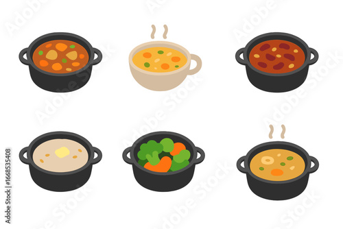 Colorful Iron Pot Meals. Flat vector mini-illustrations iron pot meals in colors children's illustrations: stew, soup bowl, chili,