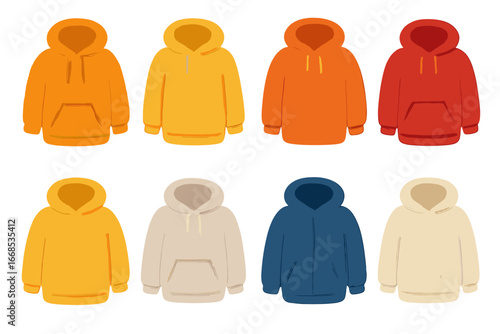 Colorful Hoodie Icons. Flat vector mini-illustrations hoodie with textures in colors children's illustrations: fuzzy hoodie,