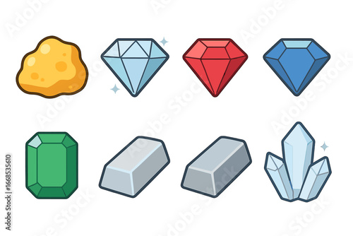 Colorful Mineral Icons. Flat vector mini-illustrations rich minerals in colors children's illustrations: gold nugget, diamond,