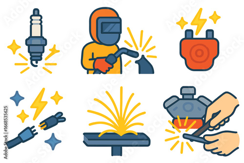Colorful Mechanical Sparks. Flat vector mini-illustrations sparks in mechanics in colors children's illustrations: spark plug,