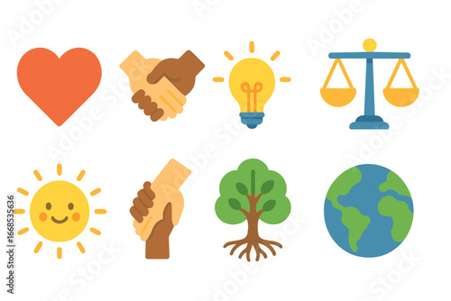 Colorful Morality Icons. Flat vector mini-illustrations moral lessons in colors children's illustrations: heart, handshake, light