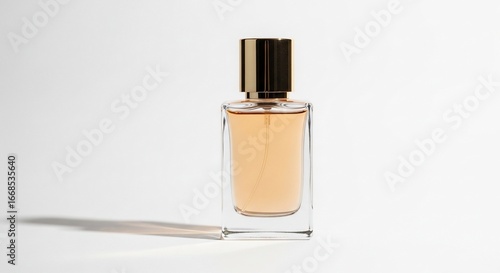 Elegant Fragrance: A close-up shot of a sophisticated glass perfume bottle, casting a subtle shadow, representing luxury and indulgence.