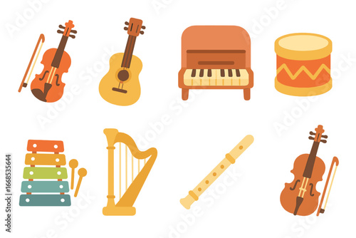 Colorful Musical Instruments. Flat vector mini-illustrations musical resonance devices in colors children's illustrations: violin,