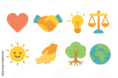 Colorful Morality Icons. Flat vector mini-illustrations moral lessons in colors children's illustrations: heart, handshake, light