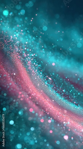 Vibrant Abstract Particle Wave in Turquoise and Pink Hues with Sparkling Bokeh Effect Creating a Dreamlike Cosmic Atmosphereabstract
