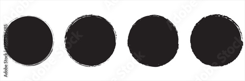 Four turquoise grunge circles on white background. Row of four textured turquoise circles with rough edges, ideal for design, decoration, or abstract concepts. Round brush painted circle banner.

