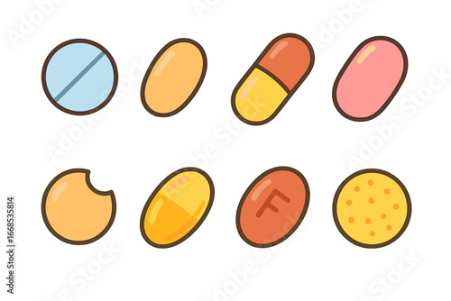 Colorful Pill Icons. Flat vector mini-illustrations pill types in colors children's illustrations: round tablet, oval pill,