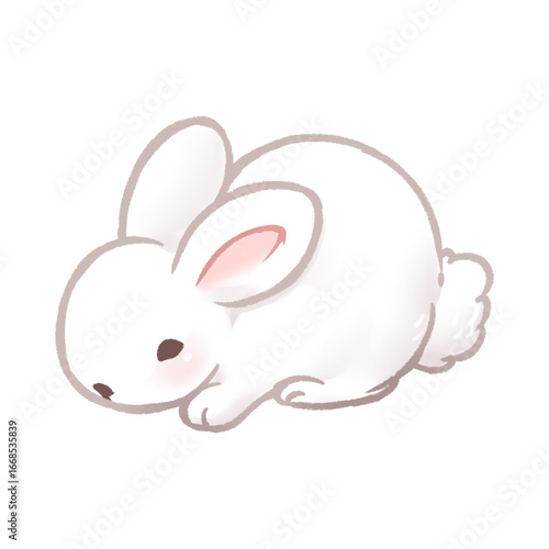A cute, fluffy white cartoon rabbit with pink ears and a small brown nose, lying down in a gentle, stylized illustration.