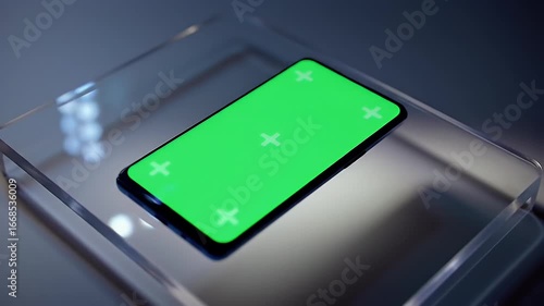 Modern Smartphone with Green Screen Display on Clear Reflective Surface for UI/UX Mockup. Chroma Key Mobile Phone for App Presentation.