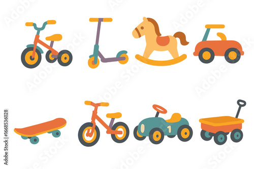 Colorful Ride-On Toys. Flat vector mini-illustrations ride-on toys in colors children's illustrations: tricycle, scooter, rocking