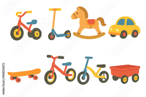 Colorful Ride-On Toys. Flat vector mini-illustrations ride-on toys in colors children's illustrations: tricycle, scooter, rocking