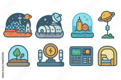 Colorful Space Habitats. Flat vector mini-illustrations space habitats in colors children's illustrations: space colony, lunar
