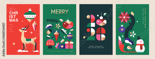 Set of 2026 Merry Christmas and Happy New Year background, banner, cover, poster design with trendy flat style illustration.
