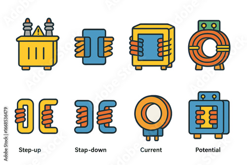 Colorful Transformer Icons. Flat vector mini-illustrations transformer devices in colors children's illustrations: power