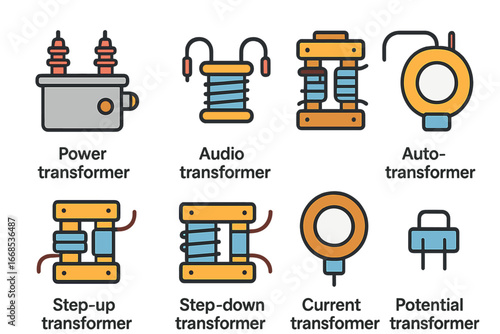 Colorful Transformer Icons. Flat vector mini-illustrations transformer devices in colors children's illustrations: power