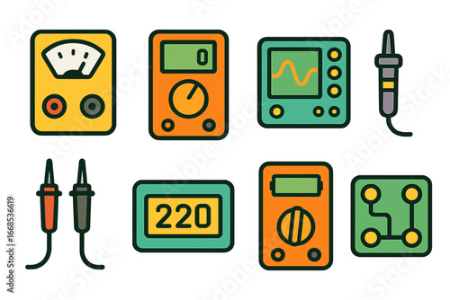 Colorful Voltage Tools. Flat vector mini-illustrations voltage measurement tools in colors children's illustrations: voltmeter,