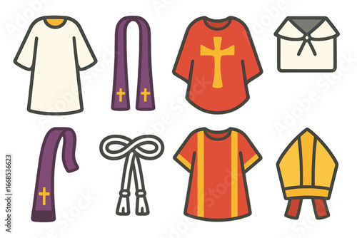 Colorful Vestments Illustrations. Flat vector mini-illustrations Sacramental vestments in colors children's illustrations: alb,