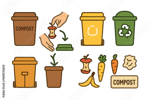 Colorful Waste Sorting Icons. Flat vector mini-illustrations compostable waste sorting in colors children's illustrations: compost