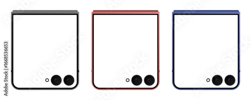 Three modern foldable smartphones mockup in closed position, in various colors, showcasing a sleek and minimalist design for digital mockups