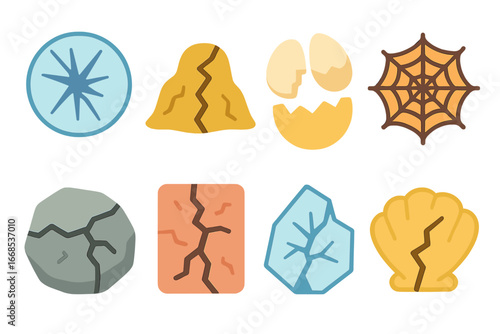Crack Patterns Collection. Flat vector mini-illustrations crack patterns in colors children's illustrations: cracked glass, earth