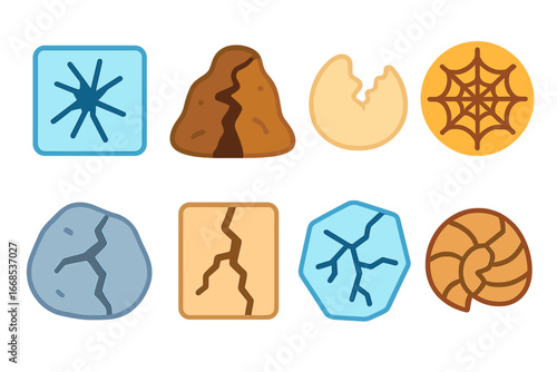 Crack Patterns Collection. Flat vector mini-illustrations crack patterns in colors children's illustrations: cracked glass, earth