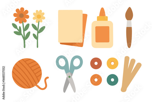 Craft Supplies Grid. Flat vector mini-illustrations dry craft materials in colors children's illustrations: dried flowers, paper