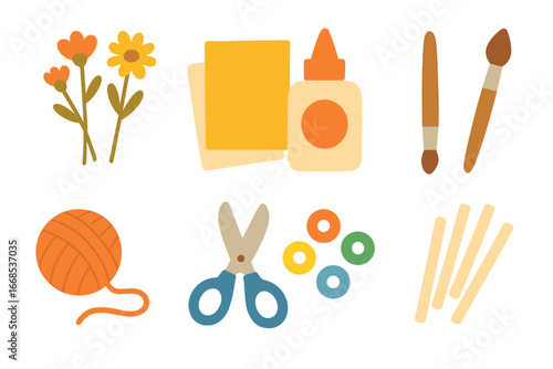Craft Supplies Grid. Flat vector mini-illustrations dry craft materials in colors children's illustrations: dried flowers, paper