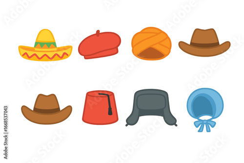 Cultural Hats Collection. Flat vector mini-illustrations cultural hats in colors children's illustrations: sombrero, beret, turban