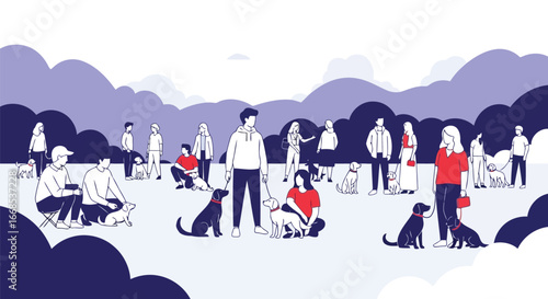 Vector illustration of people and dogs in a park with stylized clouds and trees