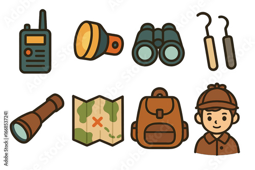 Detective Gear Icons. Flat vector mini-illustrations thriller gadgets in colors children's illustrations: walkie-talkie,