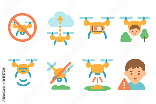 Drone Safety Icons. Flat vector mini-illustrations drone safety in colors children's illustrations: no-fly zone, altitude limit,