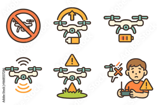 Drone Safety Icons. Flat vector mini-illustrations drone safety in colors children's illustrations: no-fly zone, altitude limit,