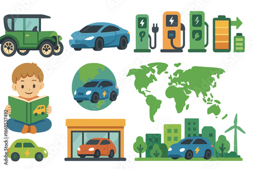 Electric Car Evolution. Flat vector mini-illustrations electric car history and future in colors children's illustrations: early