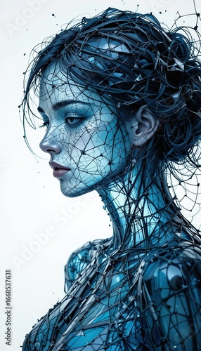 Fashionable image: an avant-garde sculpture made of glass shards frames a female figure, the play of light and shadow emphasizes texture and shape