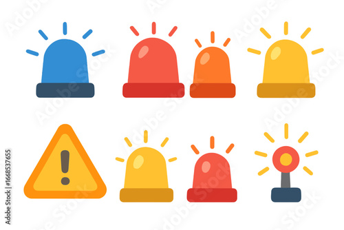 Emergency Lights Icons. Flat vector mini-illustrations emergency lights in colors children's illustrations: police light,