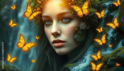 A girl with golden butterflies in her hair at a forest waterfall. Warm sun rays through the foliage, realistic skin texture, drops of water on the moss and a fabulous, peaceful atmosphere