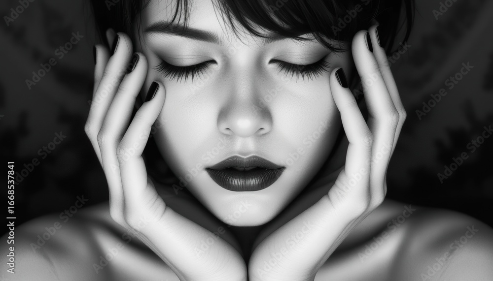 Fototapeta premium Beautiful girl with short hair in black and white style. The facial expression is deep concentration or meditation. It is ideal for illustrations related to emotions, beauty and self-discovery.